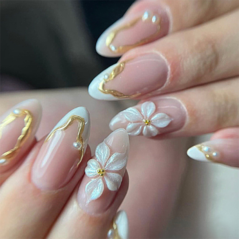 Nail Art French Nails - 24 stuks Bloem Lange Amandelvormige Opzetnagels